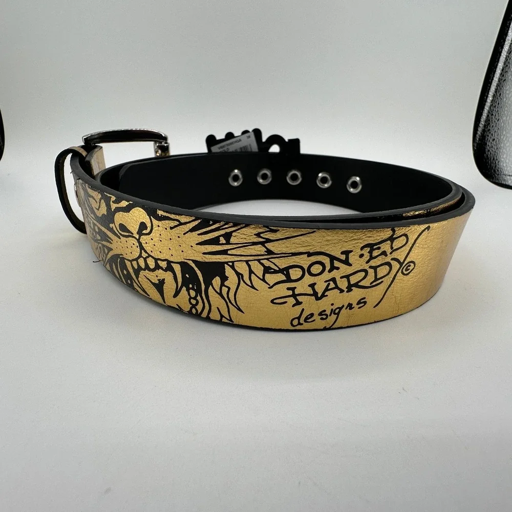 Ed Hardy Christian Audigier Belt Mens 38 Tiger Skull Tattoo Art Gold Color NEW